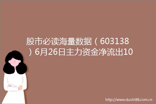 股市必读海量数据（603138）6月26日主力资金净流出10098万元占总成交额141