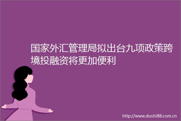 外汇管理局拟出台九项政策跨境投融资将更加便利