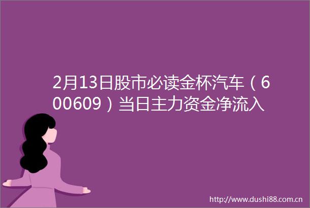 2月13日股市必读金杯汽车（600609）当日主力资金净流入21695万元占总成交额052