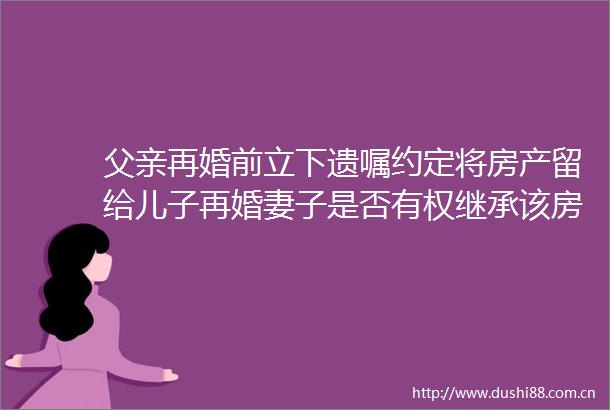 父亲再婚前立下遗嘱约定将房产留给儿子再婚妻子是否有权继承该房产今日说法CCTV今日说法