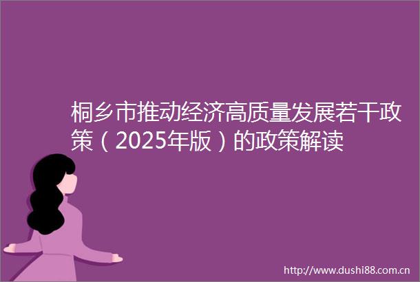 桐乡市推动经济高质量发展若干政策（2025年版）的政策解读