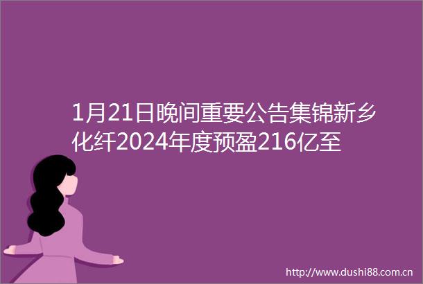 1月21日晚间重要公告集锦新乡化纤2024年度预盈216亿至28亿元同比扭亏