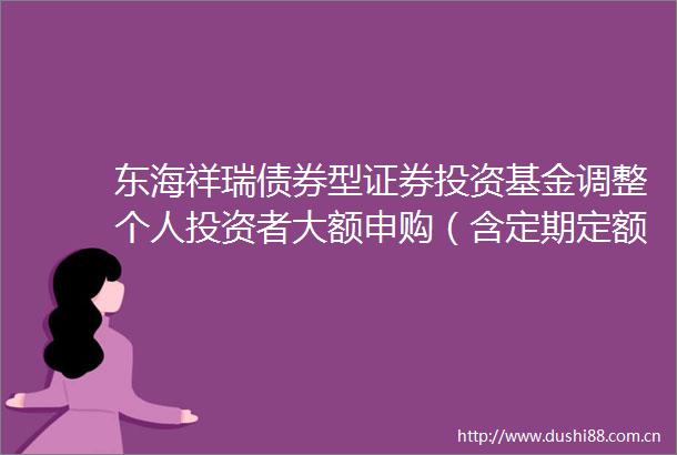 东海祥瑞债券型证券投资基金调整个人投资者大额申购（含定期定额投资）业务的公告