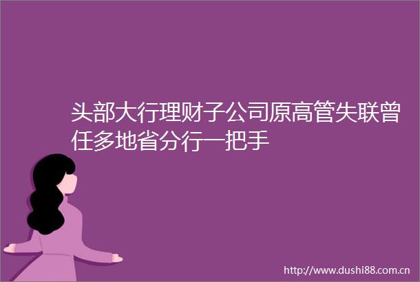 头部大行理财子公司原高管失联曾任多地省分行一把手