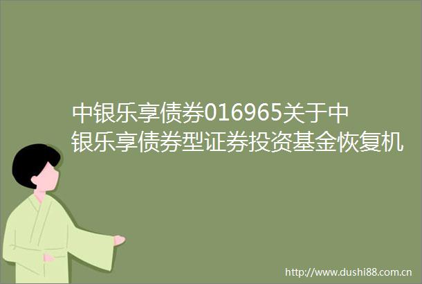 中银乐享债券016965关于中银乐享债券型证券投资基金恢复机构投资者大额申购转换转入及定期定额投资业务