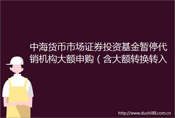 中海货币市场证券投资基金暂停代销机构大额申购（含大额转换转入定期定额投资）业务公告