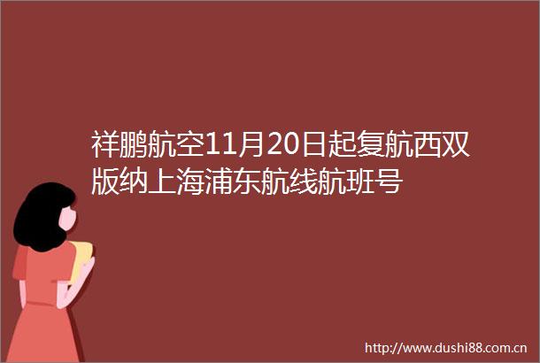 祥鹏航空11月20日起复航西双版纳上海浦东航线航班号