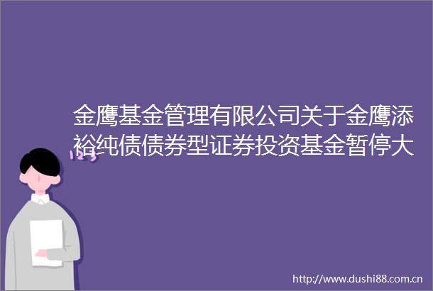 金鹰基金管理有限公司关于金鹰添裕纯债债券型证券投资基金暂停大额申购（含转换转入定期定额投资）公告