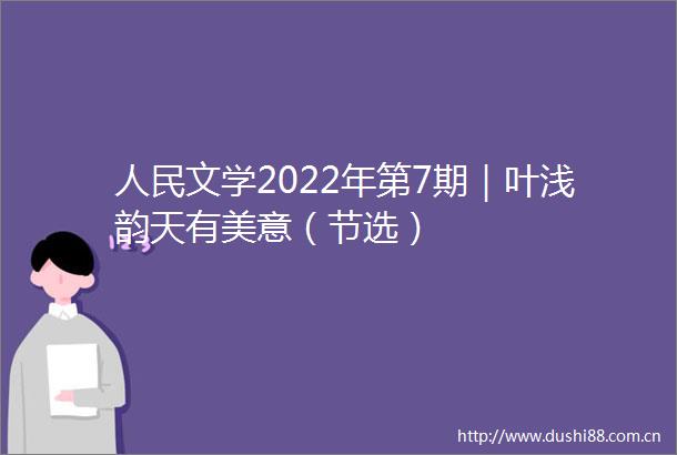 文学2022年第7期｜叶浅韵天有美意（节选）