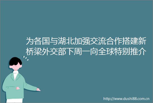为各国与湖北加强交流合作搭建新桥梁外交部下周一向全球特别推介湖北