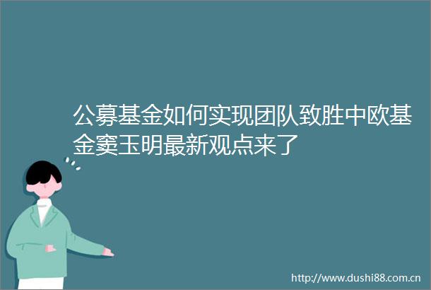 公募基金如何实现团队致胜中欧基金窦玉明最新观点来了